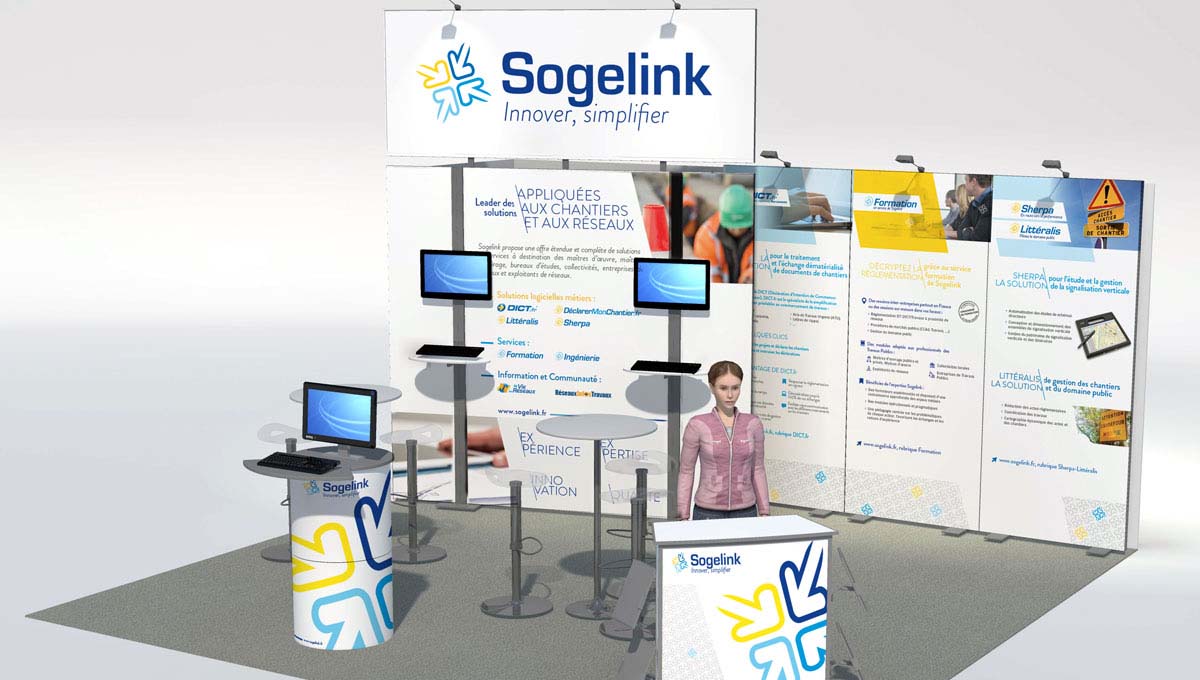 Agence Comete création Création stand : Stands modulaires pour Sogelink - nouvelle identité